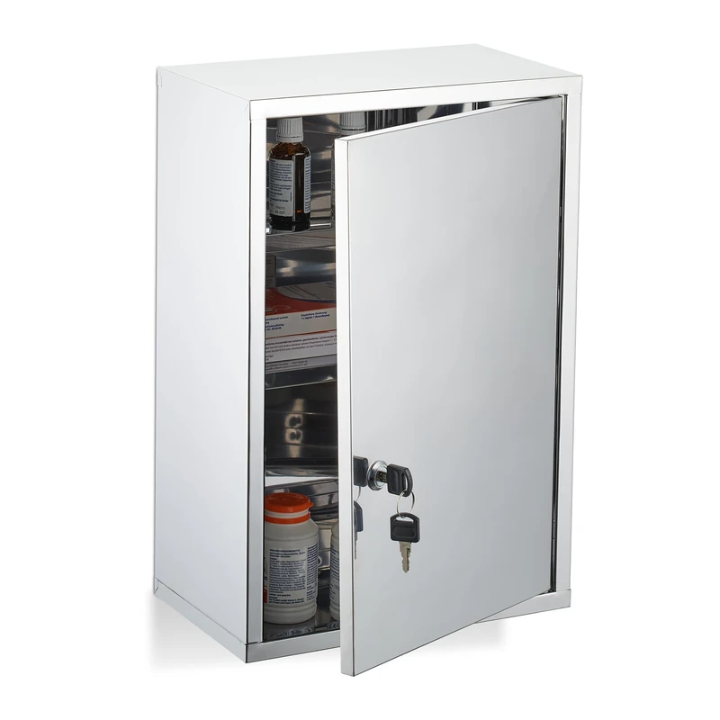 Relaxdays Medicine Cabinet, 3 Shelves, First Aid Storage, Stainless Steel, Frosted Glass, 45x30x18 cm, Lockable, Silver