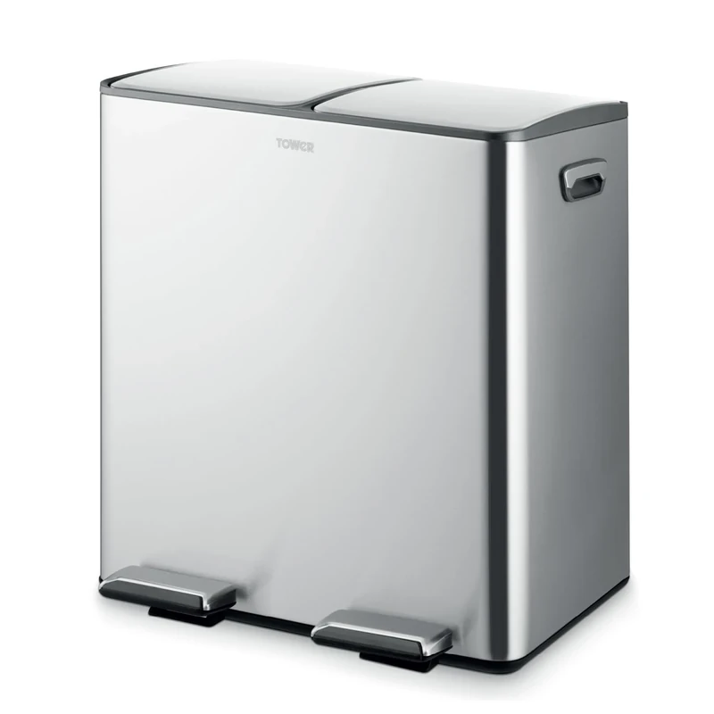 Tower Recycling Pedal Bin, Two 20L Compartments with Removable Inner Buckets, Carbon Steel Body, 40L, Stainless Steel