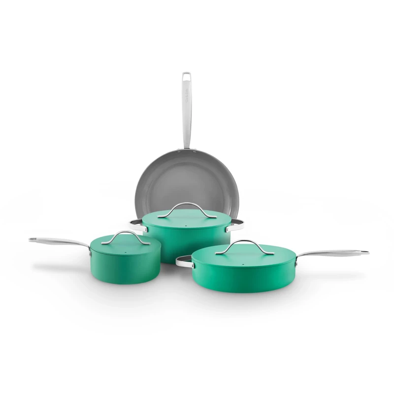 Sur La Table Colour Me Happy 4pcs Cookware Set, Frying Pan, Saucepan, Casserole, Multi-Pan, 10x Stronger Ceramic Coating, Lids with Steam Release, Induction Compatible, Aluminium, Green