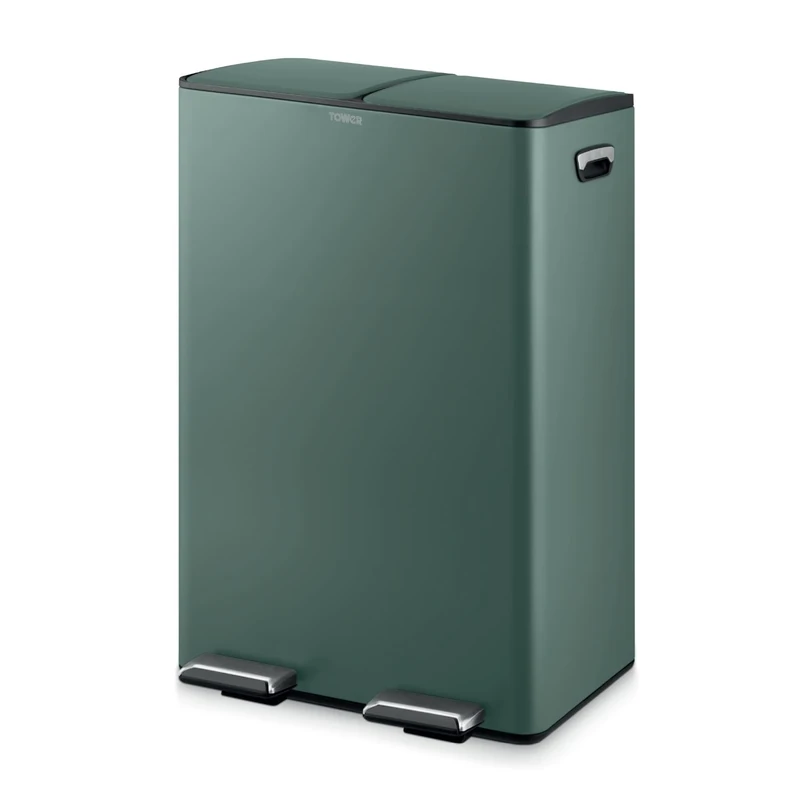 Tower Recycling Pedal Bin, Two 30L Compartments with Removable Inner Buckets, Carbon Steel Body, 60L, Forest Green