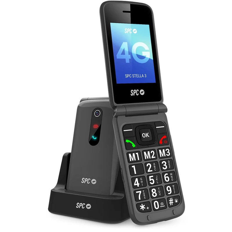 SPC Stella 3 - Flip mobile phone for seniors with 4G | Large menu and keys | SOS button, remote configuration, hearing aid compatible, 103 dB volume | Charging base and 3 one-touch quick dials, black