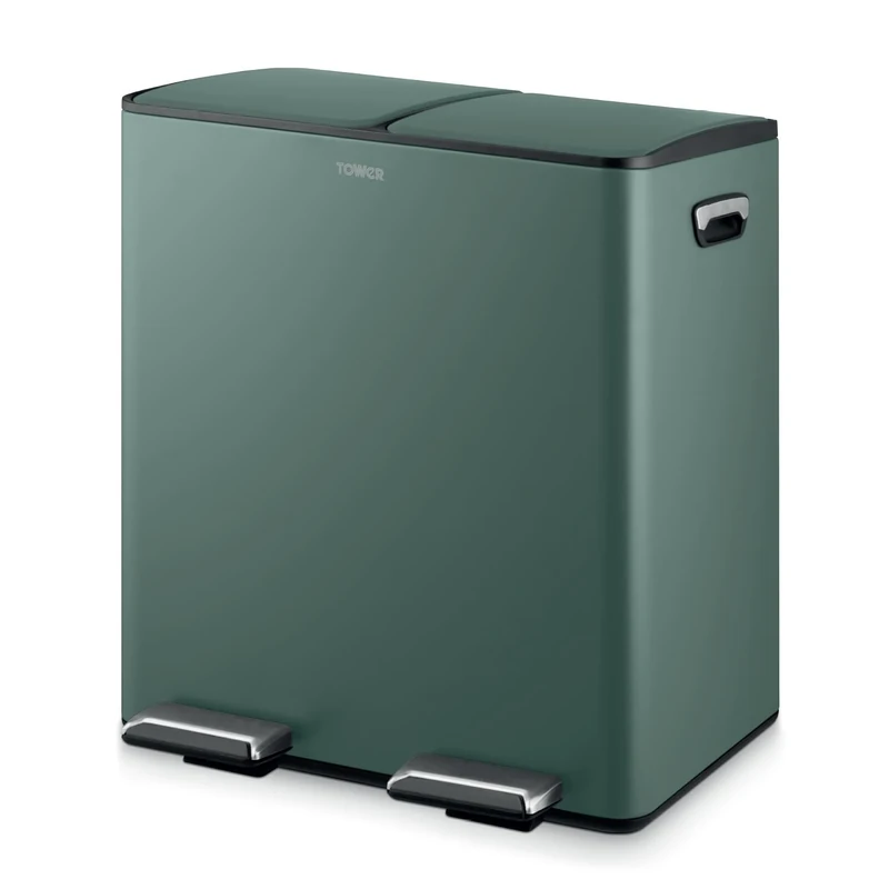 Tower Recycling Pedal Bin, Two 20L Compartments with Removable Inner Buckets, Carbon Steel Body, 40L, Forest Green