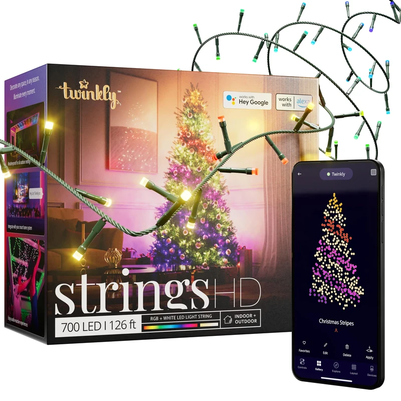 Twinkly Strings HD – 700 RBG + Warm White LEDs, 38.5 Meters, Green Wire, Indoor/Outdoor Lighting Decoration