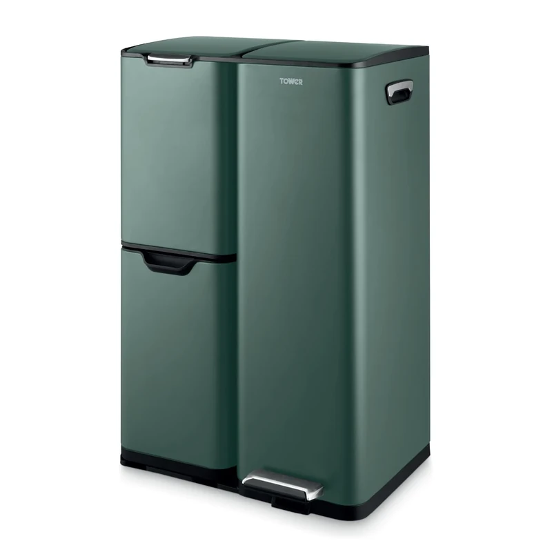 Tower Recycling Pedal Bin, Three Individual Compartments with Removable Inner Buckets, Carbon Steel Body, 60L, Forest Green