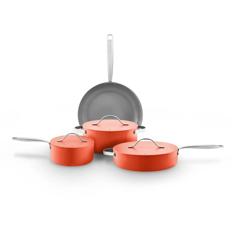 Sur La Table Colour Me Happy 4pcs Cookware Set, Frying Pan, Saucepan, Casserole, Multi-Pan, 10x Stronger Ceramic Coating, Lids with Steam Release, Induction Compatible, Aluminium, Orange