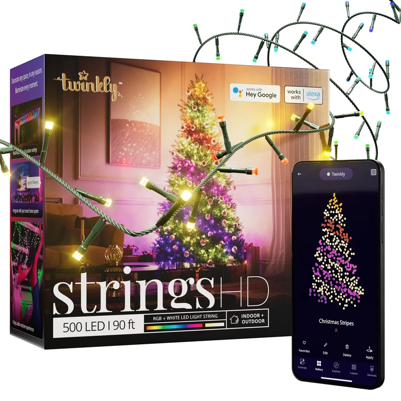 Twinkly Strings HD – 500 RBG + Warm White LEDs, 27.5 Meters, Green Wire, Indoor/Outdoor Lighting Decoration