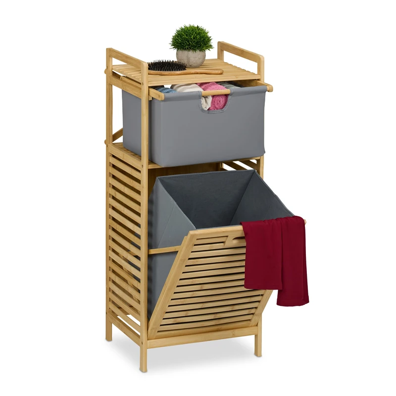 Relaxdays Laundry Basket, Washing Hamper, 30 litres, Shelf & Drawer, Bamboo, Fabric, HWD: 95x40x33 cm, Natural/Grey, Polyester