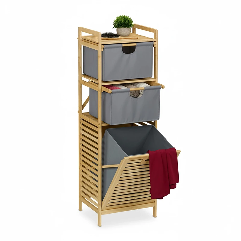 Relaxdays Laundry Basket Rack, Washing Hamper, 30 L, Shelf & 2 Drawers, Bamboo, Fabric, HWD: 120x40x33 cm, Natural/Grey, Polyester