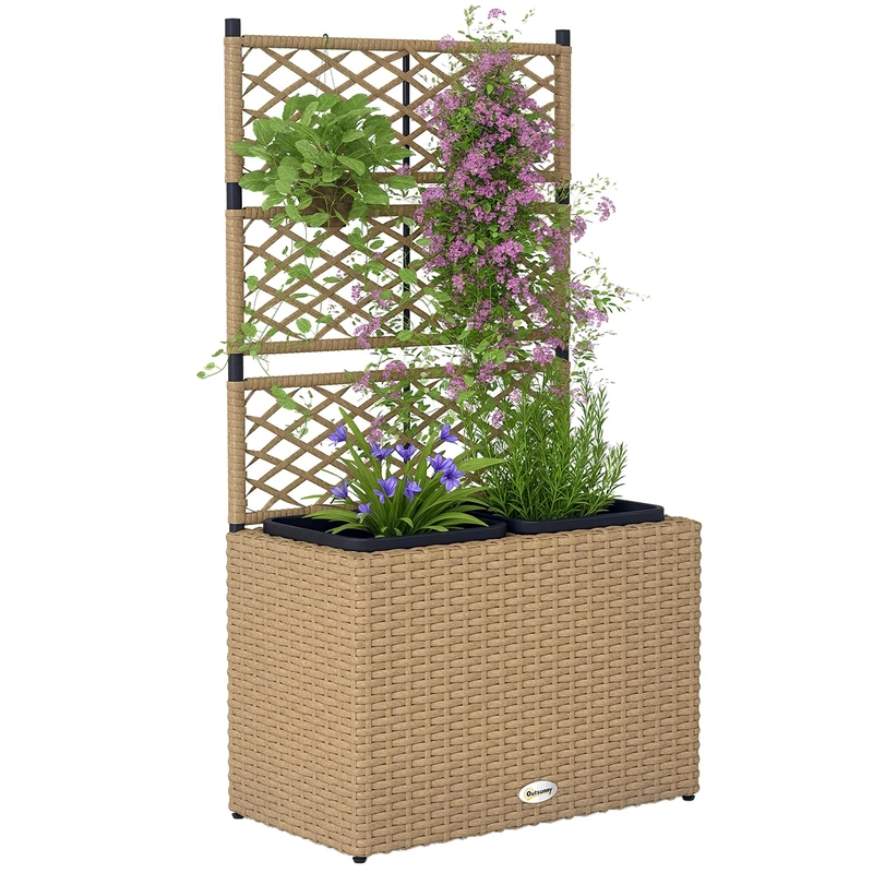 Outsunny Planter for Plants with Trellis 2 Pots Plant Tray 22L Garden Balcony Patio Outdoor Patio Wicker Resin and Steel 57 x 30 x 107 cm Sand