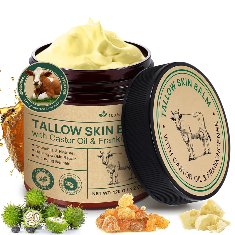 Tallow Castor Oil Frankincense Oil Handmade Skin Balm, Face & Body Moisturizer for Sensitive Skin, Eczema All-Purpose Balm, 100% Grass-Fed Tallow for Skin Care