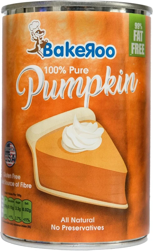 Bakeroo 100% Pure Pumpkin Puree Tin Natural Pumpkin Pie Filling, No Preservatives, Gluten-Free, Vegan & Dairy-Free – Smooth & Creamy Texture Product of USA 425g (425g (Pack of 1))