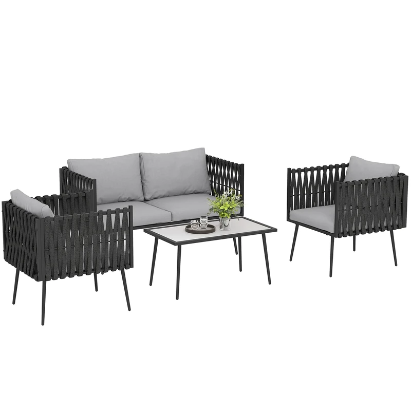 Outsunny 4 Piece Outdoor Garden Furniture Set with Cushions, 4 Seater Garden Sofa Set with Loveseat, Armchairs and Faux Marble Top Table, Outdoor Furniture Set for Patio, Conservatory, Light Grey