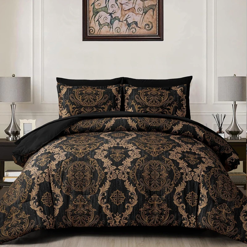 WONGS BEDDING Black Gold 7 Pieces Comforter Set Damask Comforter Bedding Set-YS01AB090659AI-A
