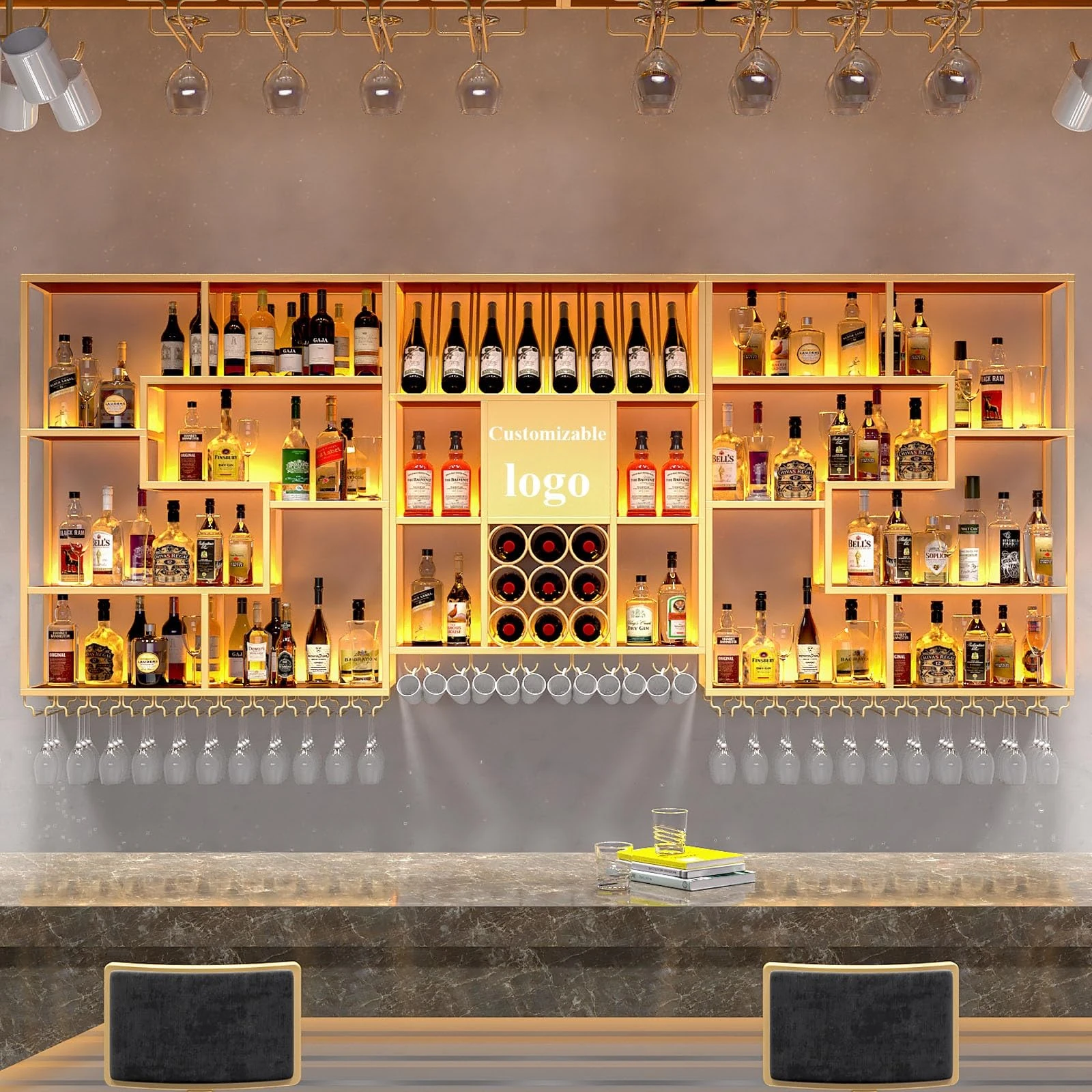 Multifunctional Wall Mounted Wine Rack Upgrade Metal Wine Rack Bar Shelves With LED Light Liquor Shelf Large Floating Bar Liquor Bottle Whiskey Display Shelf With Wine Glass Holder For Kitchen(Gold,20