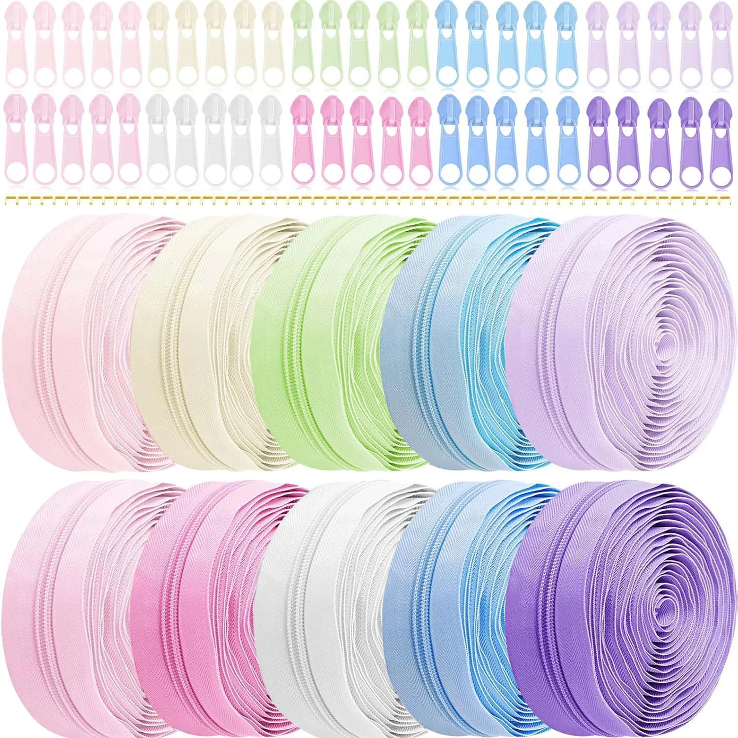 Exquilnova Zips for Sewing,30M 10 Colors Zipper,Sewing Accessories Zip Repair Kit with 50 Sliders,Nylon Invisible Zip for DIY Craft Projects,Skirts,Bags,Luggage Accessories(10 Macarons Colors)