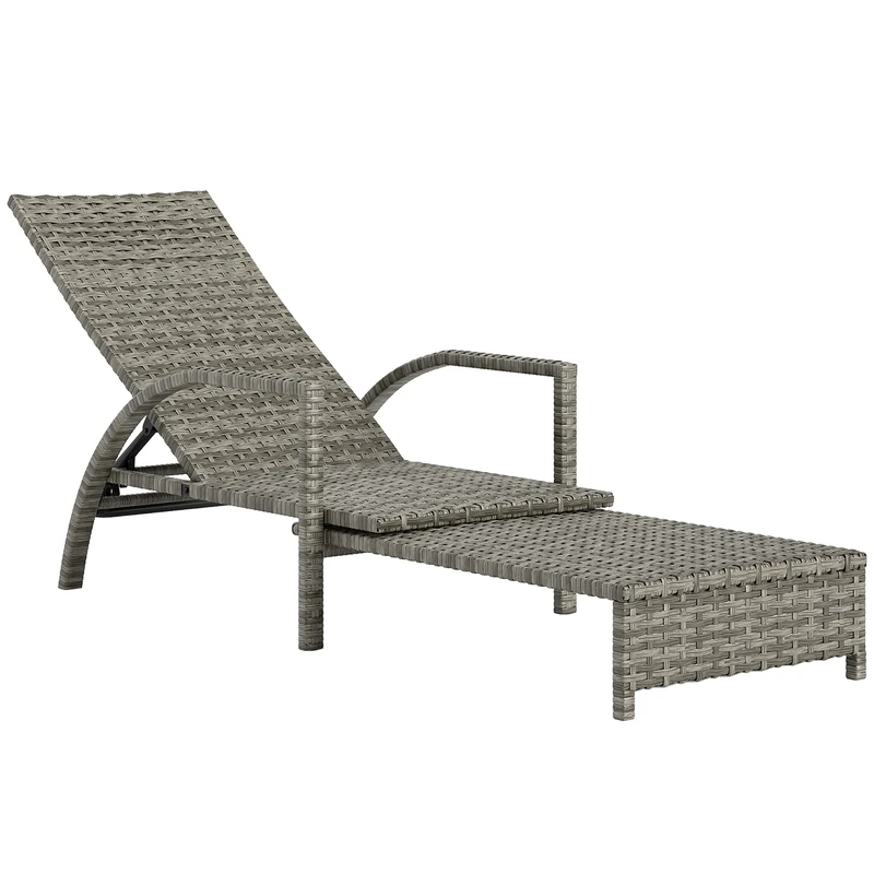 Outsunny PE Rattan Sun Lounger, Garden Lounger with 4-Level Adjustable Backrest, Outdoor Sunbed with Retractable Footrest for Balcony, Beach, Patio, Mixed-grey