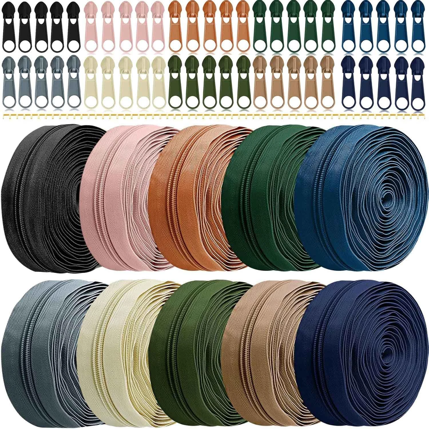 Exquilnova Zips for Sewing,30M 10 Colors Zipper,Sewing Accessories Zip Repair Kit with 50 Sliders,Nylon Invisible Zip for DIY Craft Projects,Skirts,Bags,Cushions,Luggage Accessories(10 Morandi Colors)