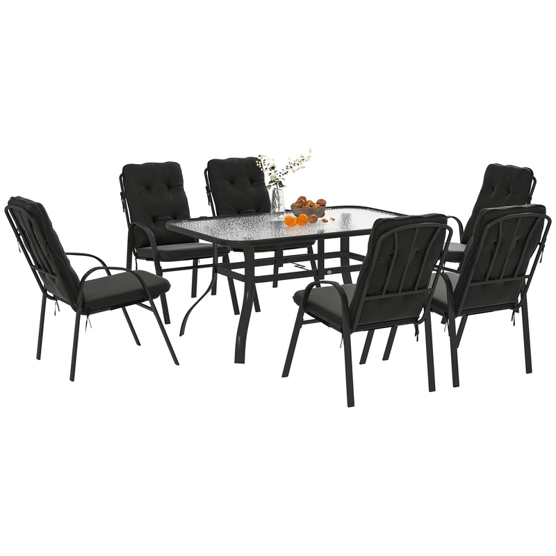 Outsunny 7 Pieces Garden Dining Set, Outdoor Rectangular Dining Table and 6 Cushioned Armchairs, Tempered Glass Top Table w/Umbrella Hole, Texteline Seats, Black