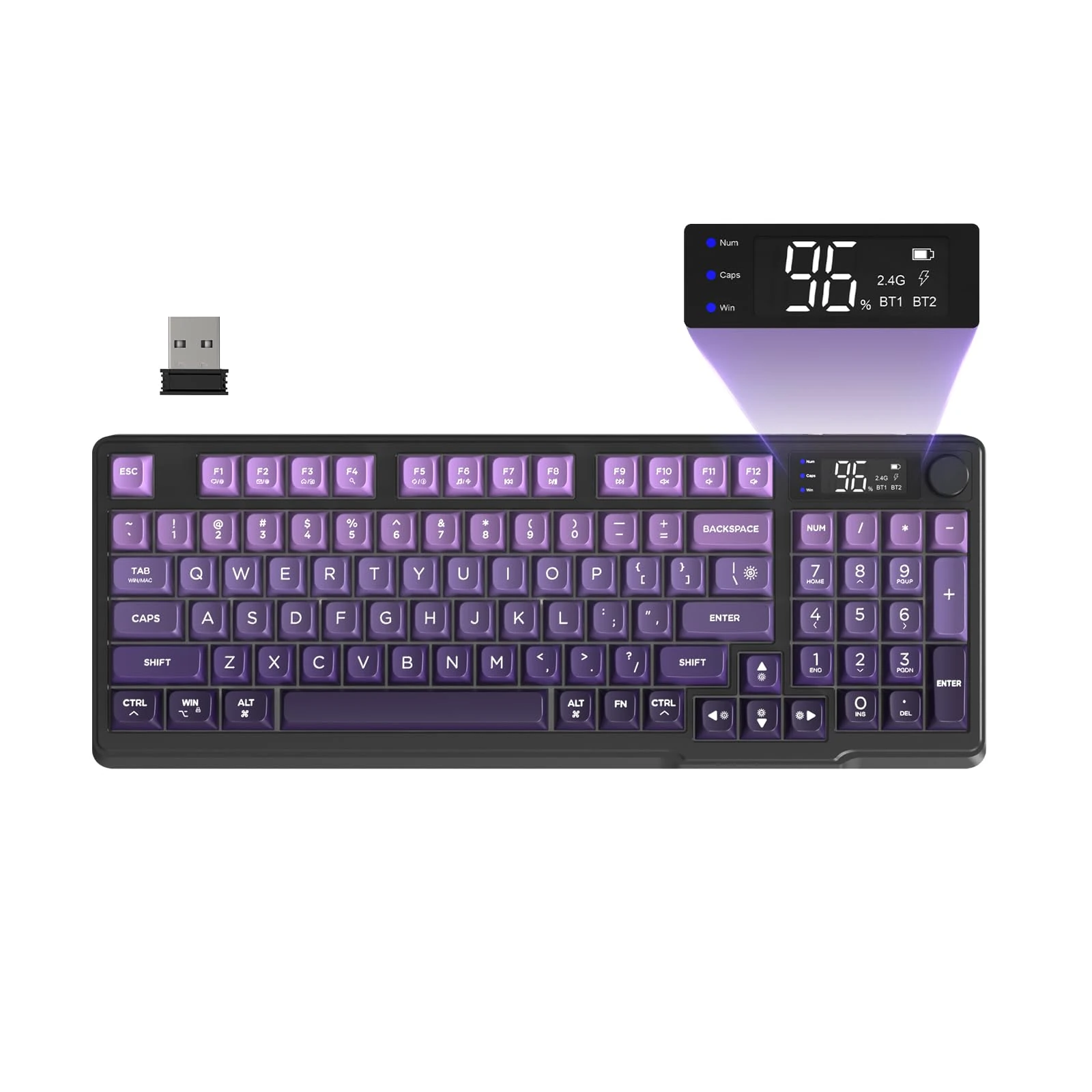 FREEWOLF M96 Wireless Gaming Membrane keyboard, Knob Control BT/2.4G Wireless, Mechanical Feeling, RGB LED Backlit with Display Screen, PBT Keycap, 3000mAh, US Layout for Win/Mac - Purple Gradient