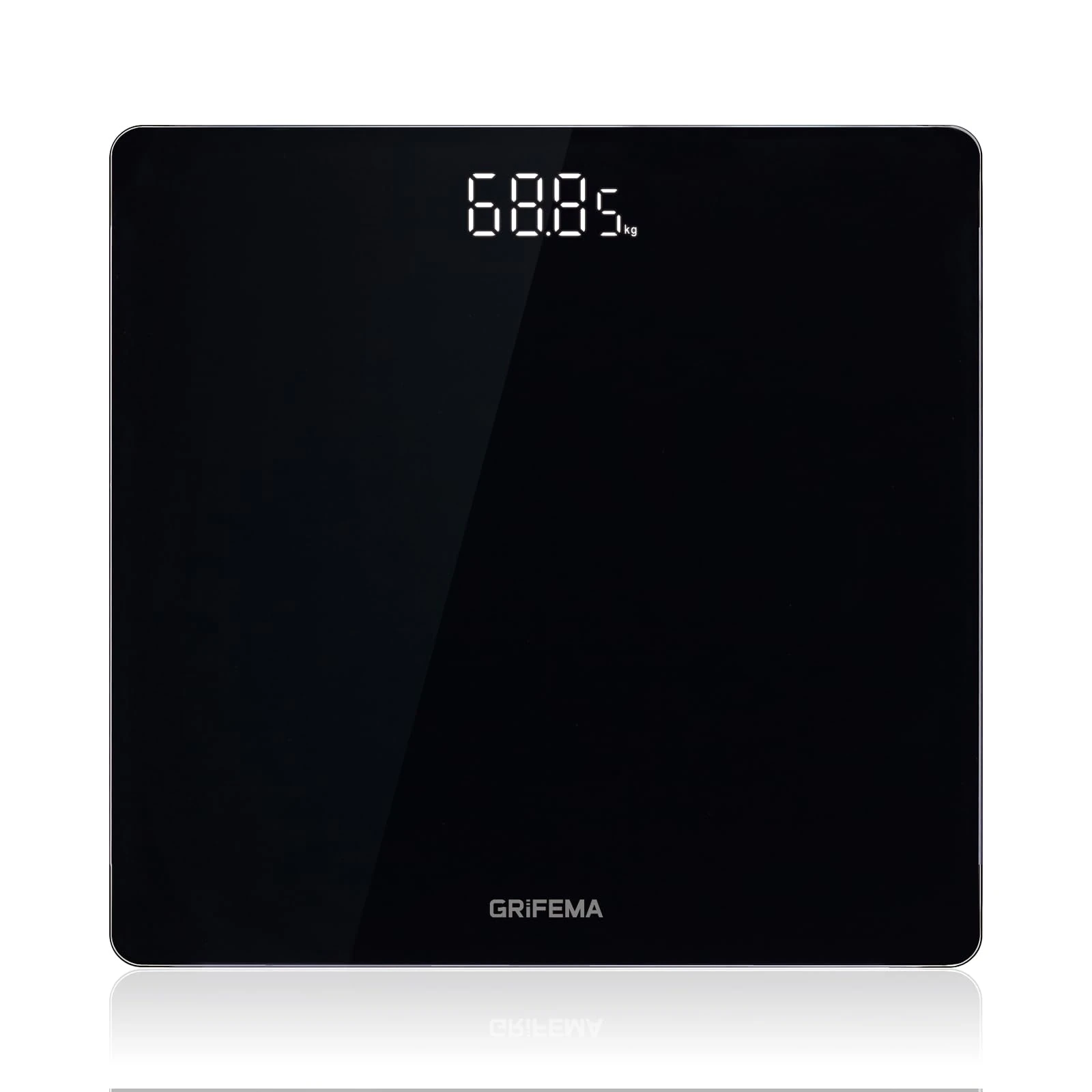 GRIFEMA GA2001-28 Digital Bathroom Scale with Large LED Display, 5 mm Tempered Glass Platform, 180 kg / 400 lb, 28 x28 cm, Slim Design, Black