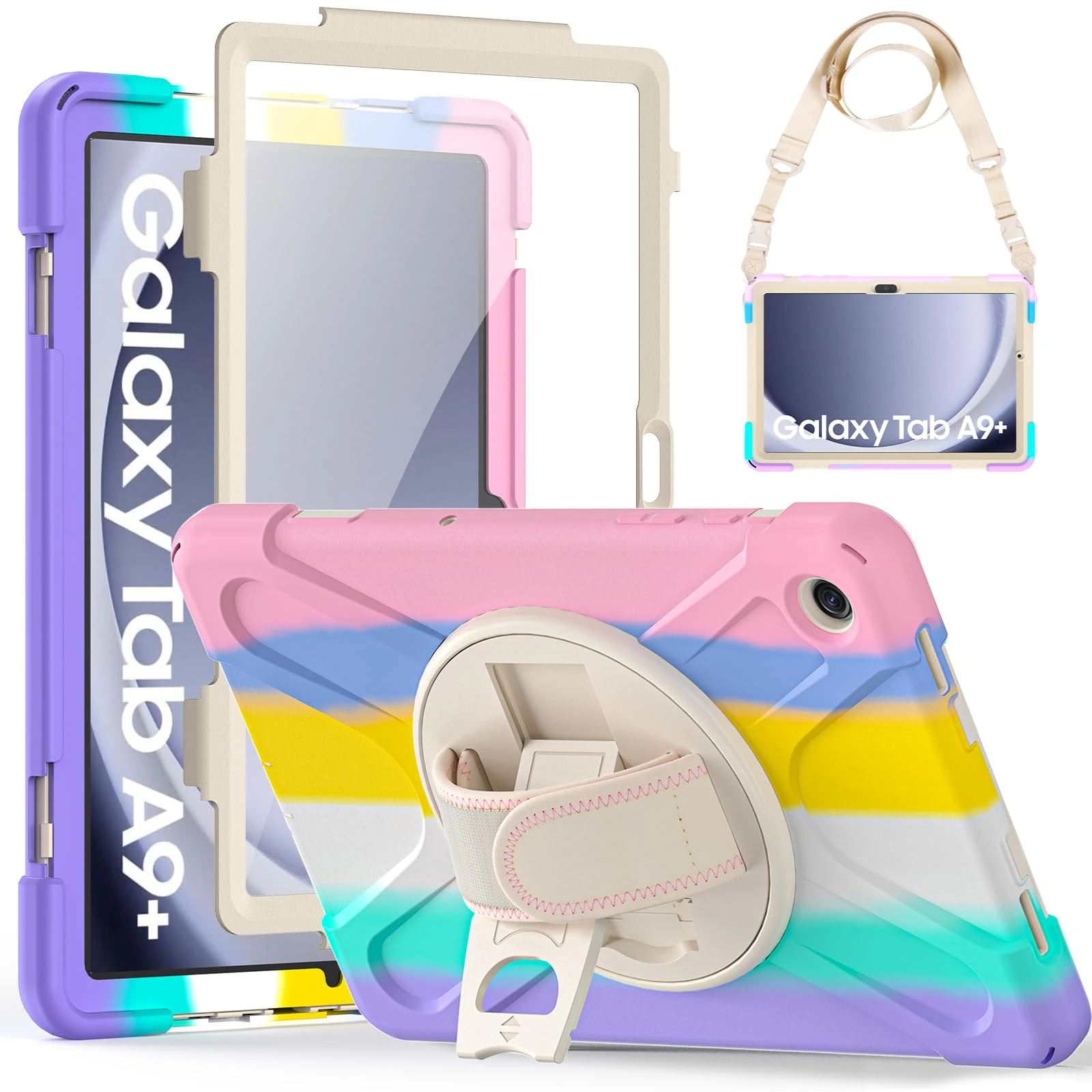 Gerutek Case for Samsung Galaxy Tab A9 Plus 11 inch 2023, Full Body Shockproof Protective Samsung A9 Plus Tablet Case With Screen Protector/Hand Strap/360 Rotating Stand,SM-X210/X216/X218 Cover, Pink