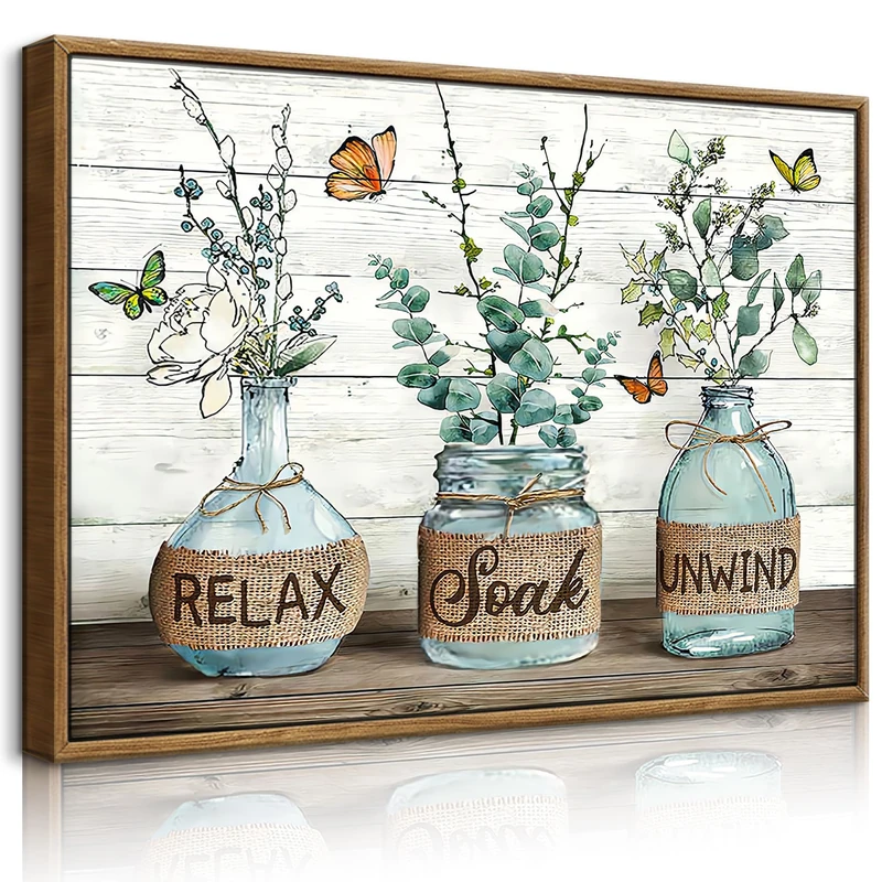 BJVJKSU Framed Farmhouse Bathroom Wall Art Rustic Green Botanical Bathroom Canvas Wall Decor Bathroom Relax Soak Unwind Painting Print Eucalyptus Butterfly Bathroom Picture Artwork Decor(16x24in)