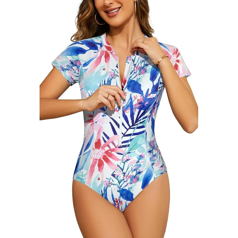 Women's Short Sleeve Rash Guard UV Protection Zipper Surfing One Piece Swimsuit UPF 50, Watercolor, X-Large
