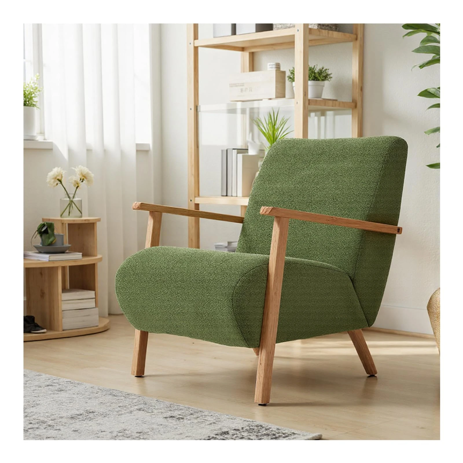 INMOZATA Chenille Tub Chair Modern Cozy Armchair with Solid Wood Frame Upholstered Accent Chair for Living Room Bedroom Home Office (Green)