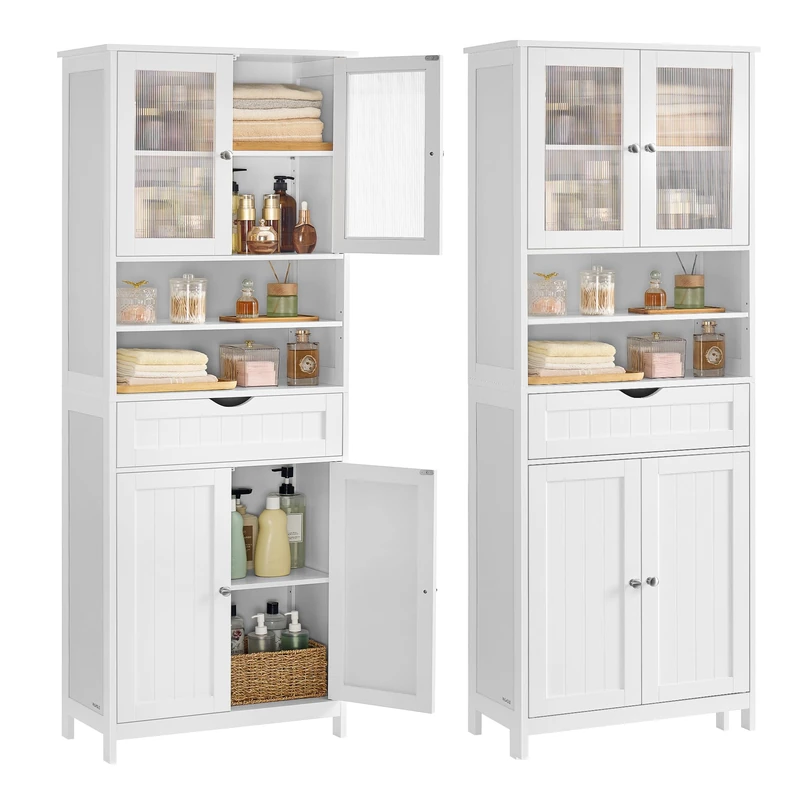 VASAGLE Storage Cabinet, Freestanding Bathroom Storage Unit with Adjustable Shelves, Drawer, Open Compartments, for Bathroom, Living Room, Kitchen, Cloud White BBC768W01