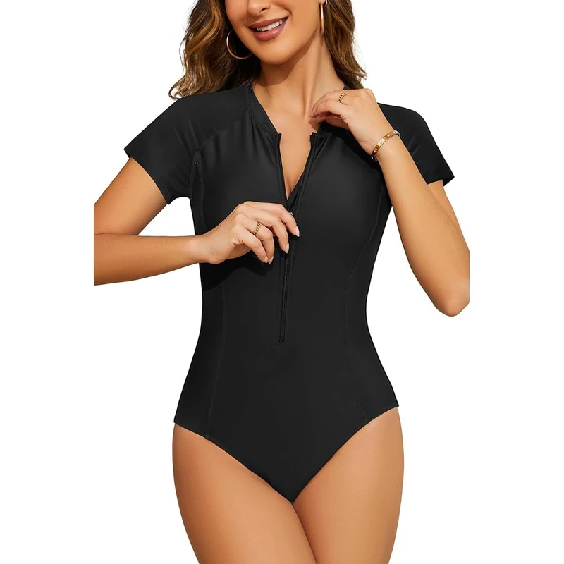 Women's Short Sleeve Rash Guard UV Protection Zipper Surfing One Piece Swimsuit UPF 50