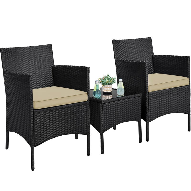Yaheetech 3-Piece Rattan Garden Set, Outdoor Patio Conversation Furniture, Woven Chairs & 1 Side Table with Cushions for Bistro/Porch/Garden/Deck/Courtyard, Black/Khaki
