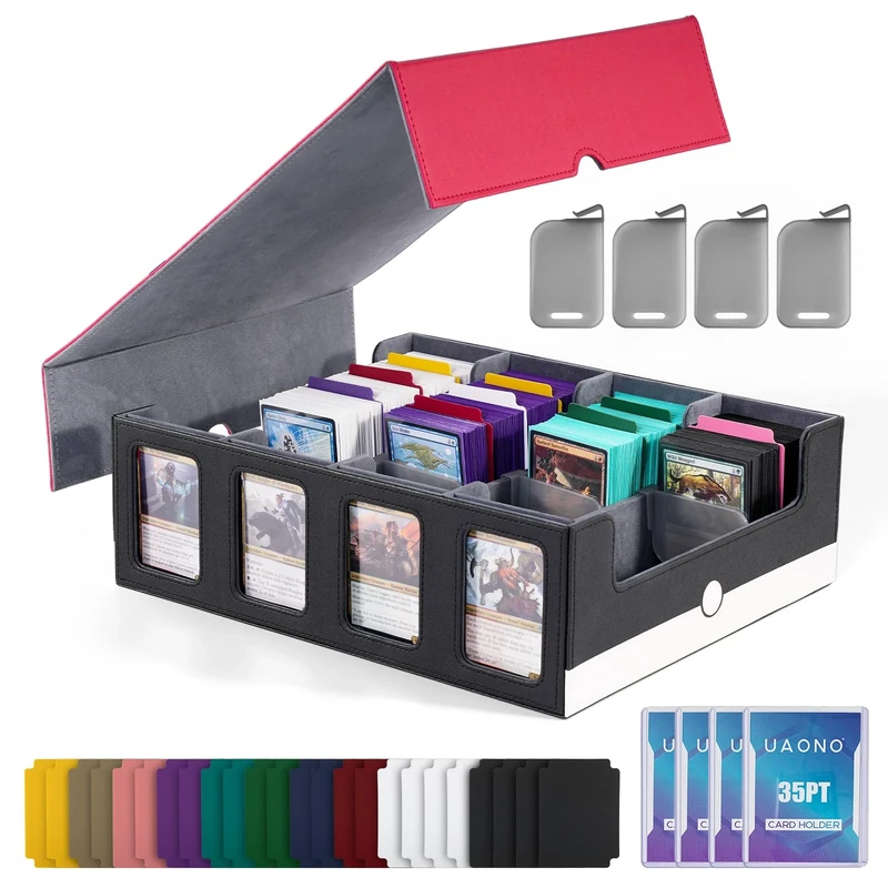 UAONO Trading Card Storage Box with Commander Display; 2400+ Deck Box for MTG with Removable Cover; Toploader Card Case fits Magic TCG PTCG Sports Cards; 24 Dividers, 4 Stoppers (Red, White)