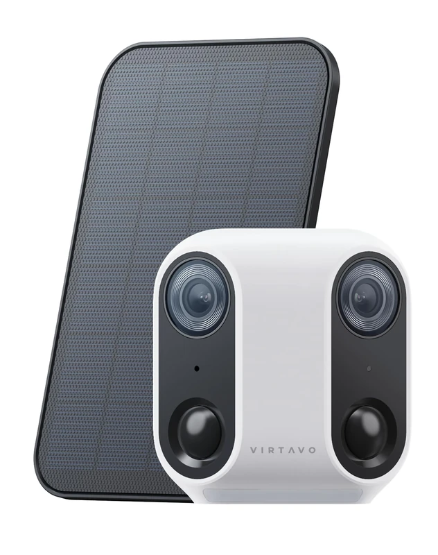 virtavo XM1, Security Camera Outdoor Wireless, Dual-Lens Ultra-Wide 160° Panoramic View, Solar Powered, Starlight Colour Night Vision, PIR Motion Sensor, Two-Way Audio, SD/Cloud Storage