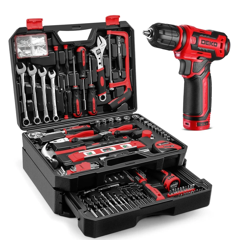 Tool Kit Box Drill Set：DEKO 238 Pieces Home Mechanic Toolbox with 12V Power Cordless Drill Hand Repair Tools Sets Combo Kits Storage Organizer Drawer Case for Men（Red）