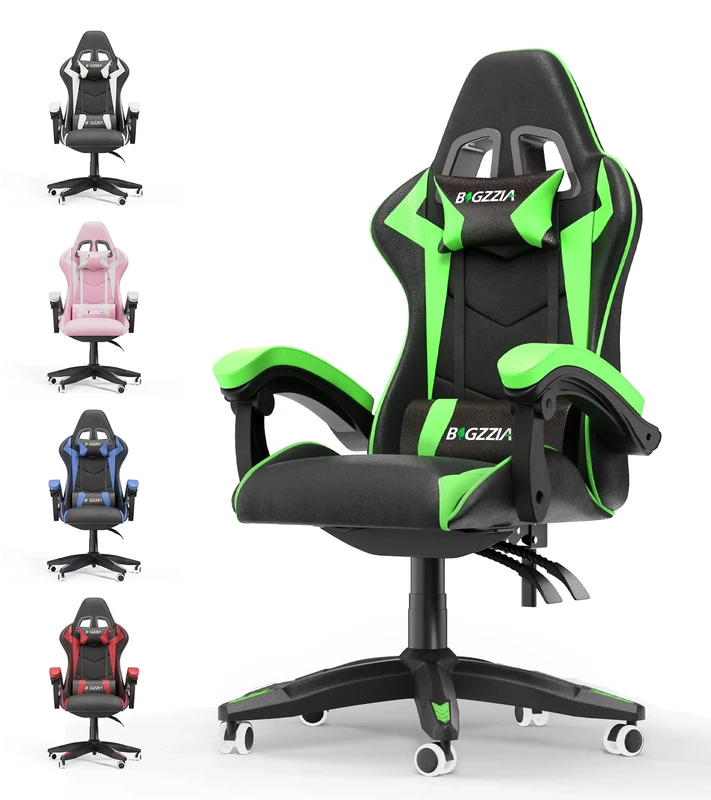 bigzzia Ergonomic Gaming Chair - Gamer Chairs with Lumbar Cushion + Headrest, Height-Adjustable Office & Computer Chair for Adults (without footrest, Green)