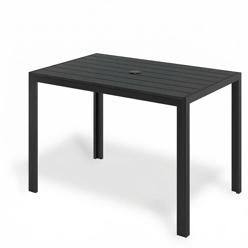 Clevich Garden Dining Table with Parasol Hole 110×70cmx73cm, Weatherproof Outdoor Table with WPC Slatted Tabletop, Aluminum Frame, Rectangular Table for Balcony/Backyard/Terrace (Seats 6, Black)