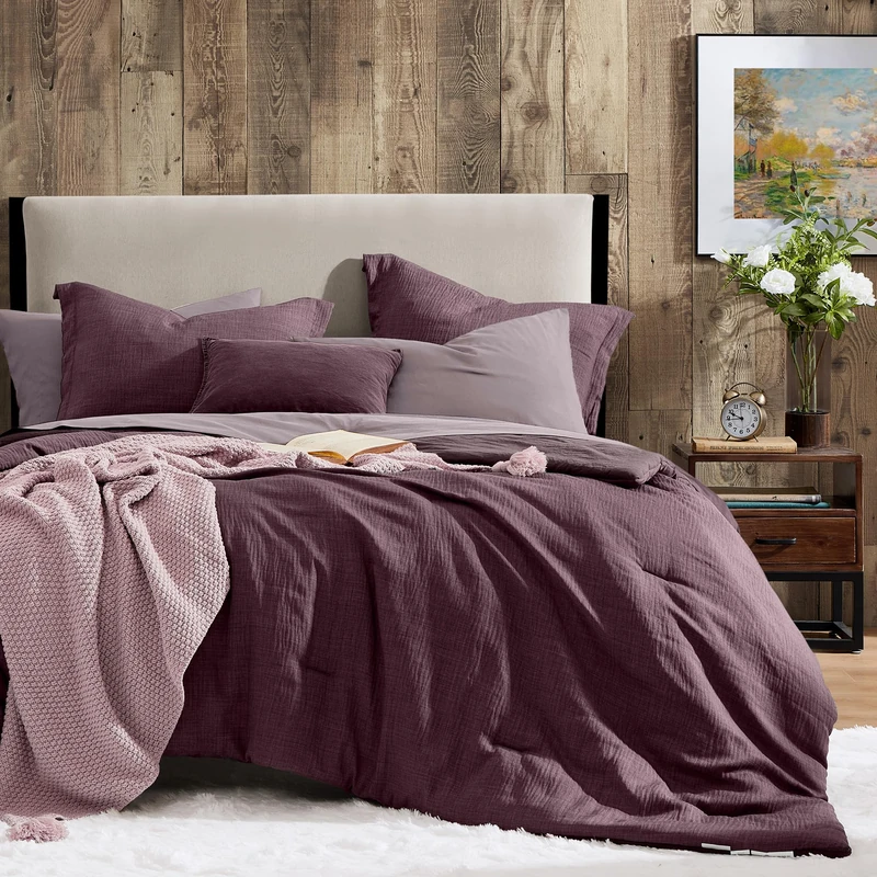 King Size Comforter Set - 7 Pieces Purple Bedding Set Textured Bed in a Bag