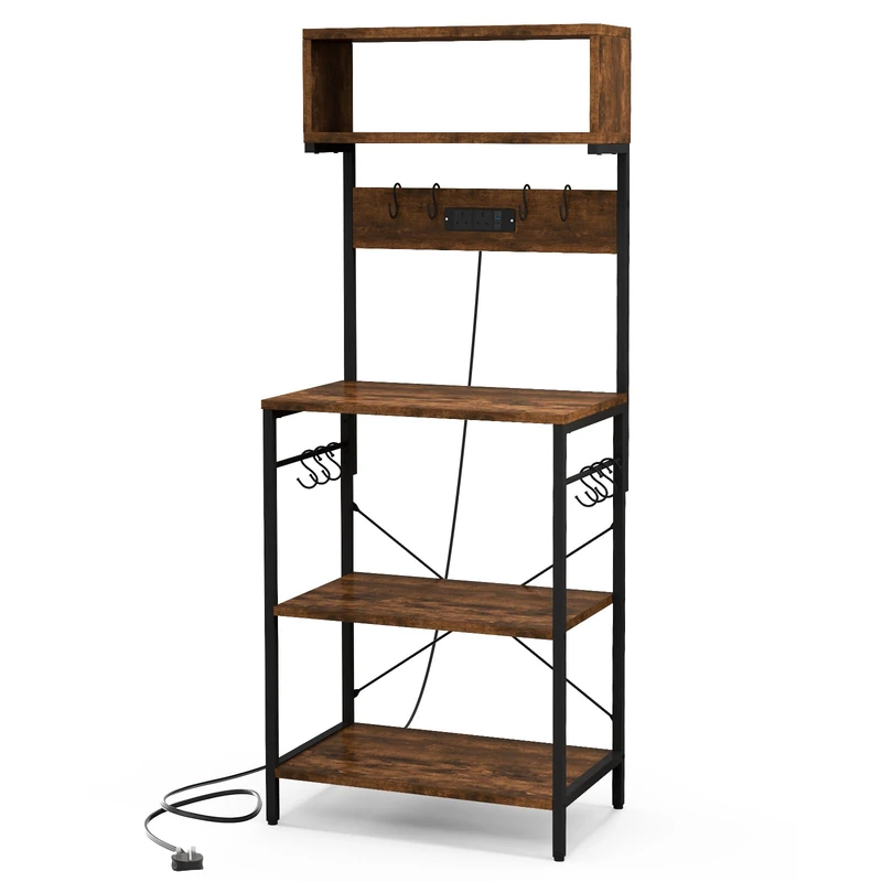 GiantexUK Kitchen Baker’s Rack, 5-Tier Microwave Oven Stand with Power Outlets, 10 Hooks & Anti-Toppling Device, Metal Frame Freestanding Storage Rack Shelving Unit for Dining Living Room