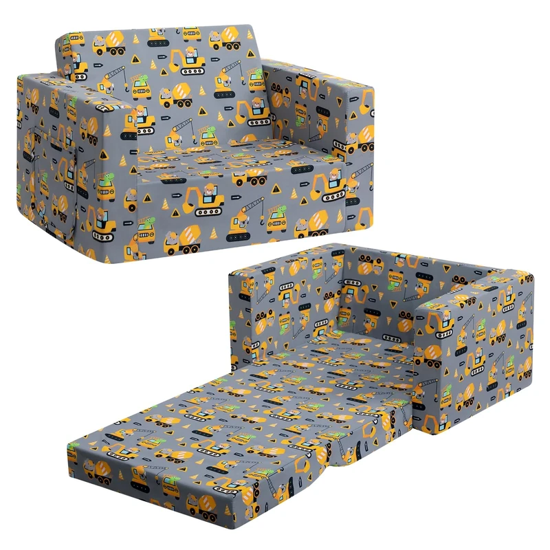 BEJOY Kids Sofa 2-in-1 Flip Out Cuddly Toddler Chair Convertible Sofa to Lounger Children Sofa Bed Children's Day and Birthday Gift for Girls Boys, Grey with Engineering Vehicles