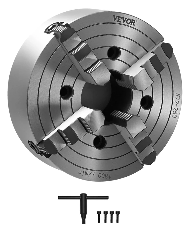 VEVOR 4-Jaw Lathe Chuck, 10 in (250 mm), 0.6-9.84 in (15-250 mm) Clamping Range with T-Key Fixing Screws Reversible Jaws, HT300 Cast Iron Material, Internal External for Wood Metal Lathe
