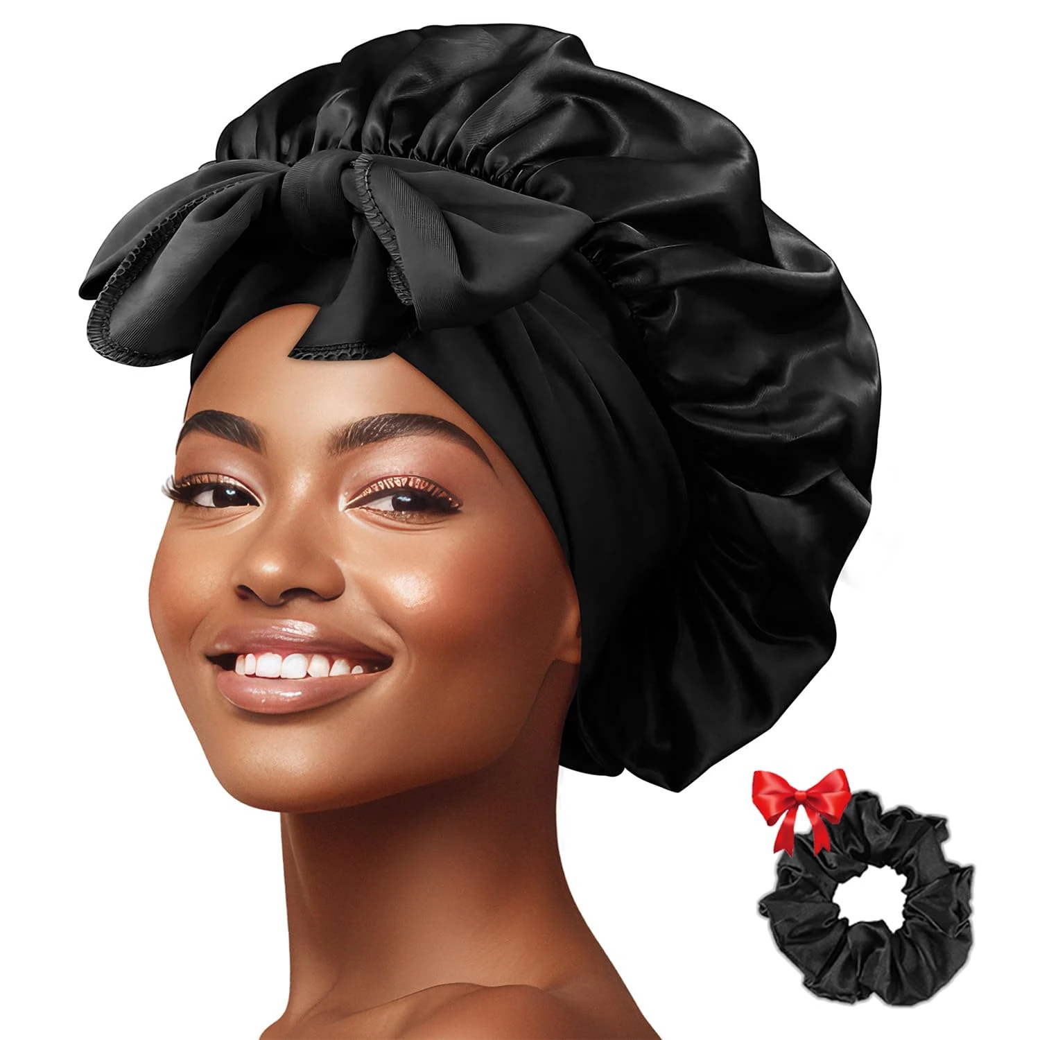 Ptrin Satin Bonnet, Double-Sided Silk Bonnets for Sleeping, Night Hairs Sleep Cap with Elastic Band,Head Cover Hat for Women Girls Long, Straight, Curly Hair for Women Black