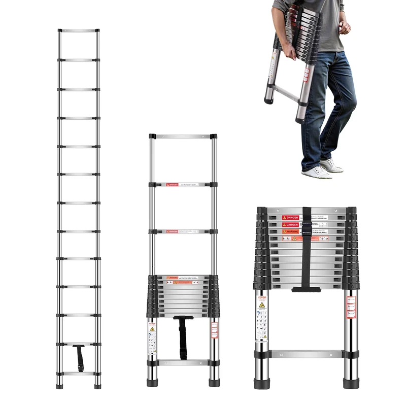 VEVOR Telescoping Ladder, 12.5ft Stainless Steel Lightweight Extension Ladder, Multi-Button Retraction Collapsible Ladders, 330LBS Capacity & Non-Slip Feet, Portable 13-Step Ladders for Home, RV, Loft