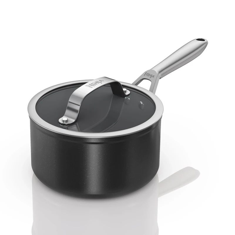 Ninja ZEROSTICK Ceramic Pro 20 cm Saucepan with Glass Lid, Scratch Resistant, Made PTFE-Free, All Hob Compatible, Black, CW30220UK