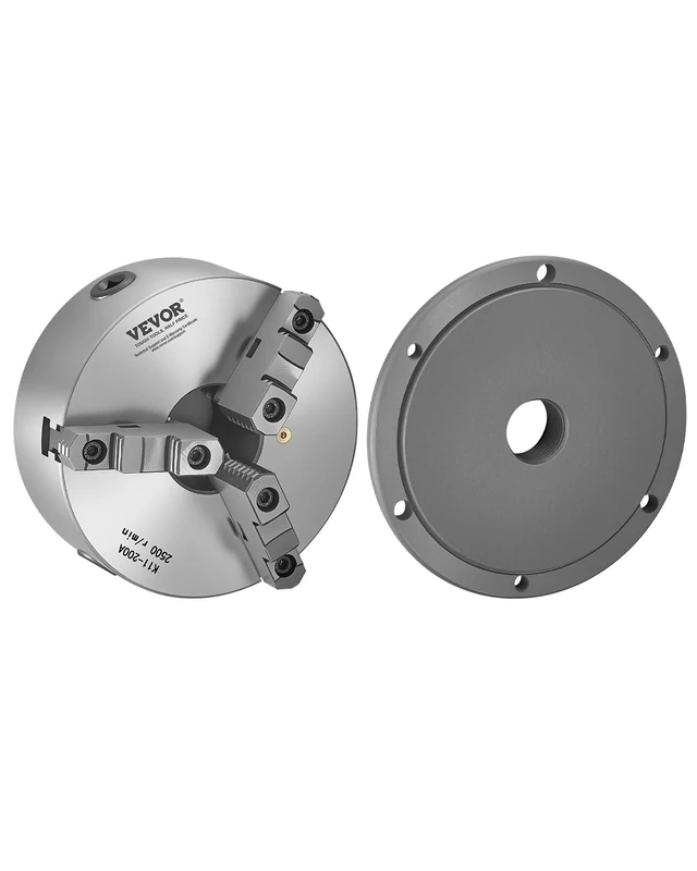 VEVOR 3-Jaw Lathe Chuck, 8 Inch (200 mm), Self-Centering Chuck with 2 1/4 in-8 Threaded Backing Plate, 0.16-7.87 in (4-200 mm) Clamping Range with T-wrench Screws, HT300 Material, for Wood Metal Lathe