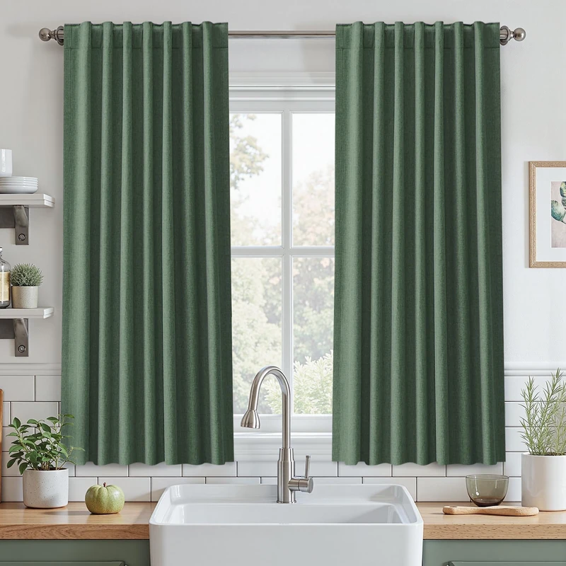 UHITECH Short Linen Blackout Curtains 48 Inch Long 2 Panels, Olive Green