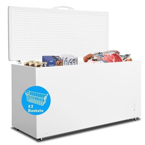 Garage Freezer Deep Freezer 18 Cubic Feet, Large Chest Freezer with 2 Baskets Adjustable Thermostat for Kitchen, Meat, Home, Basement, Garage 4 Wheels, White