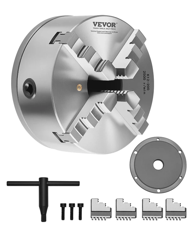 VEVOR 4-Jaw Lathe Chuck, 8 Inch (200 mm), Self-Centering Chuck with 1 1/2 in-8 Threaded Backing Plate, 0.16-7.87 in (4-200 mm) Clamping Range with T-wrench Screws, HT300 Material, for Wood Metal Lathe