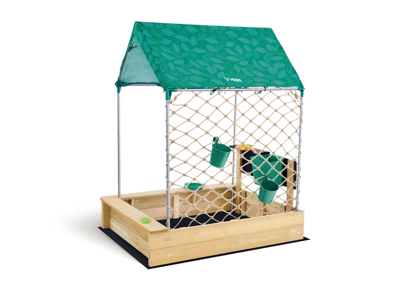 Hape All-in-one Sandbox Cabana Kit | Garden Sand Pit with Waterproof Sunshade, Activity Table, Water Play Station, Roleplay Kitchen and More | Outdoor Sandpit with Garden Toys