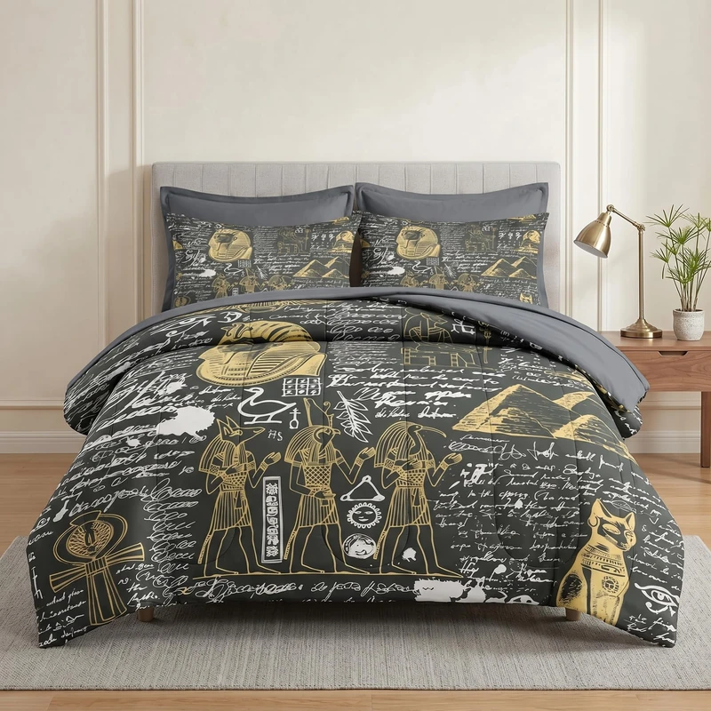 Pamnest Comforter Set Twin Size, Retro Egyptian Egypt 5 Pcs Bedding for Kids and Adults, God Pharaoh Abstract Bed Sheet Sets with Fitted Sheet Pillowcase & Sham for Bedroom Bed Decor