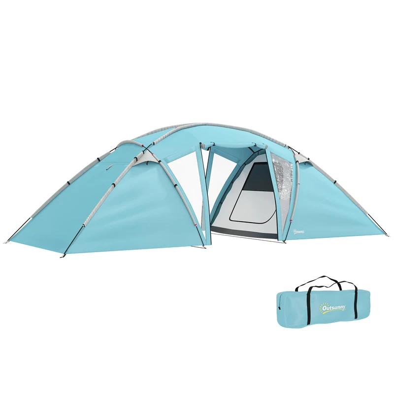 Outsunny 4-6 Man Family Camping Tent w/ 2 Bedrooms and a Living Room, Waterproof Tunnel Tent w/Sewn In Groundsheet, Doors, Windows, Carry Bag, Blue